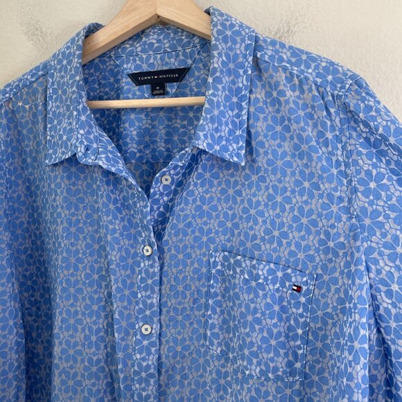 Tommy Hilfiger Womens Plus IX Blue Button Up Sheer Shirt Long Sleeve Blouse Top - Picture 10 of 12